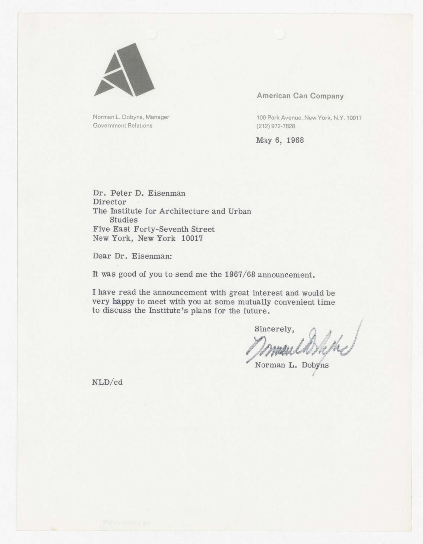 Letter from Norman L. Dobyns to Peter D. Eisenman about IAUS program announcement