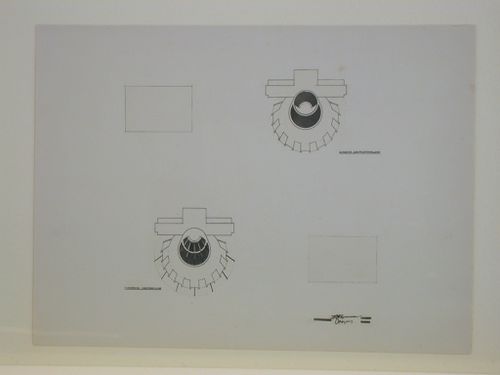 Photograph of floor plans for a Red Army Theater showing two transformation schemes and movement diagrams for variations to stage and seating configurations, Moscow