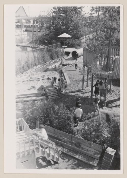 View of treehouse and surrounding area of Children's Creative Centre Playground, Canadian Federal Pavilion, Expo '67, Montréal, Québec