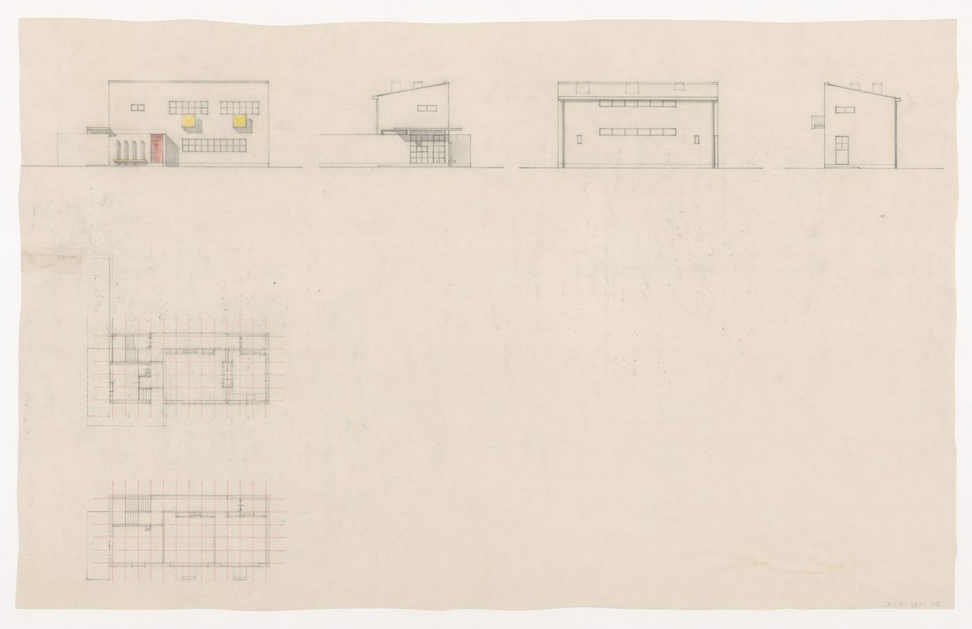 Ground and first floor plans and elevations for De Hoge Veluwe park-keeper's house, Otterloo, Netherlands