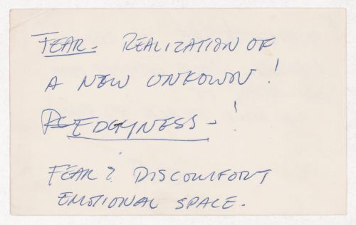 Fear- realization of a new unknown / Edgyness fear & disconfort emotional space; [verso]: Anarchitecture is about making space without building it / A nice place to fuck