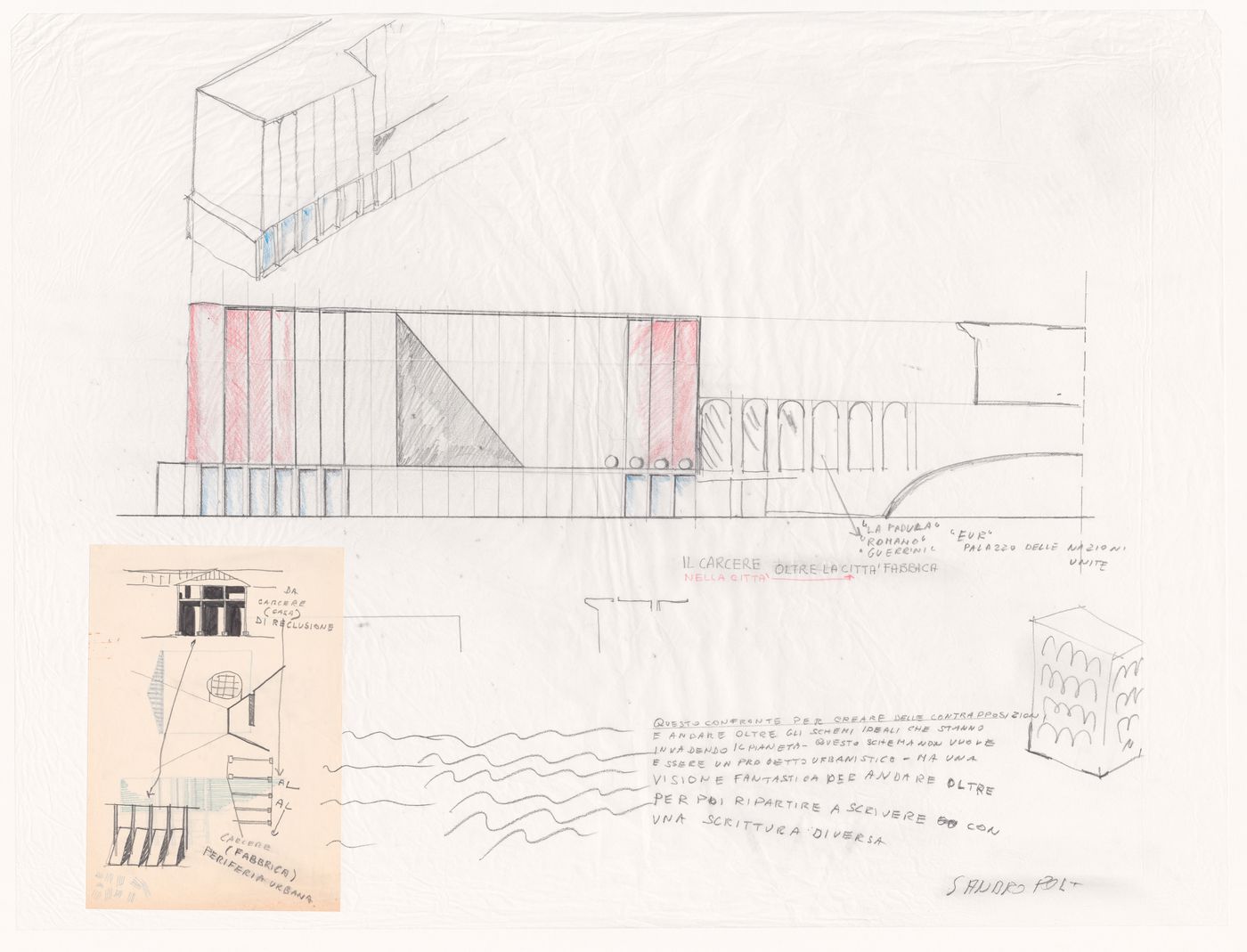 Sketch elevations and axonometric with notes for Prison project