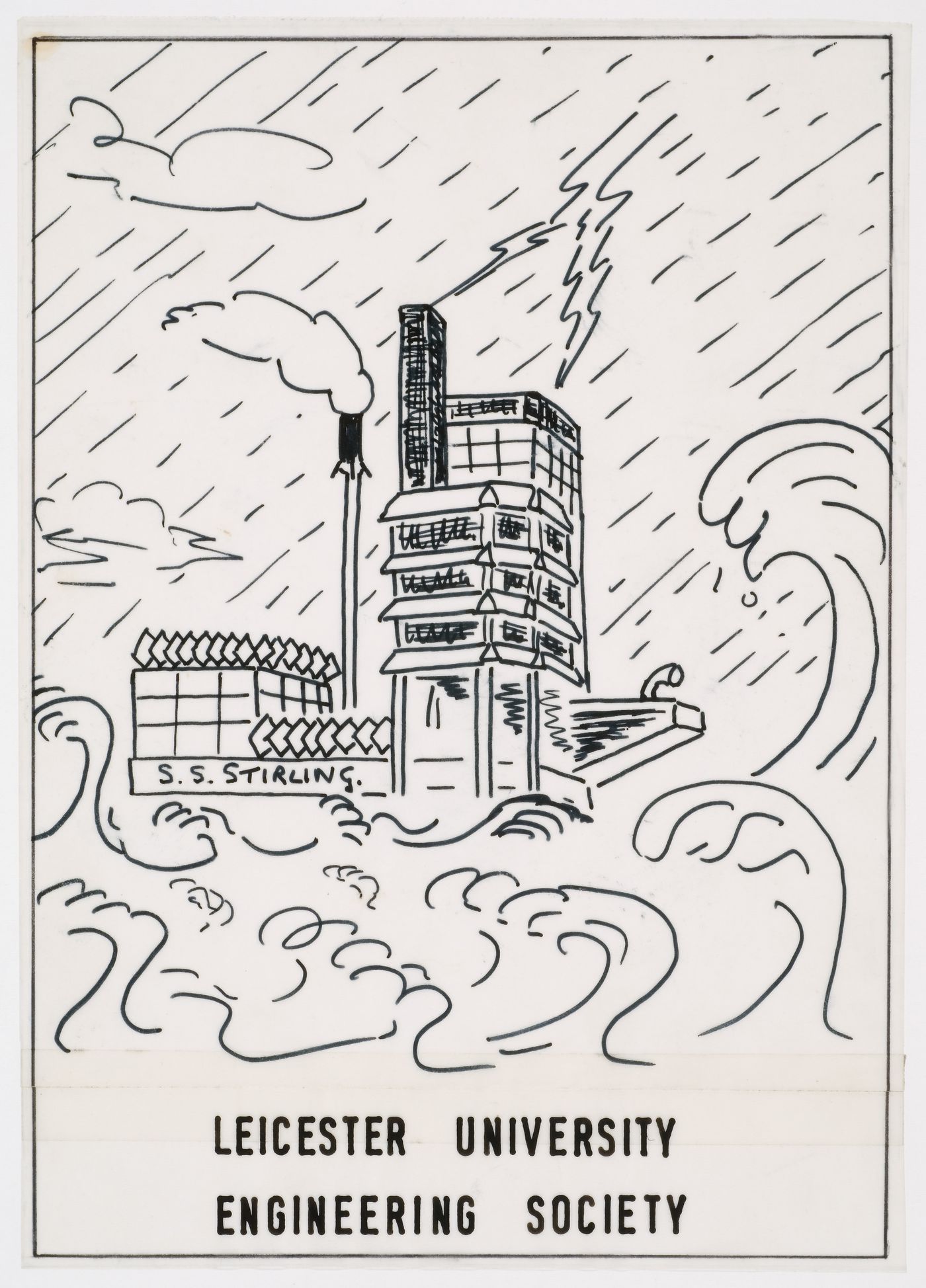 Caricature of the Leicester University Engineering Building as a ship, drawn by a student for a menu cover for the first annual dinner of the Engineering Society