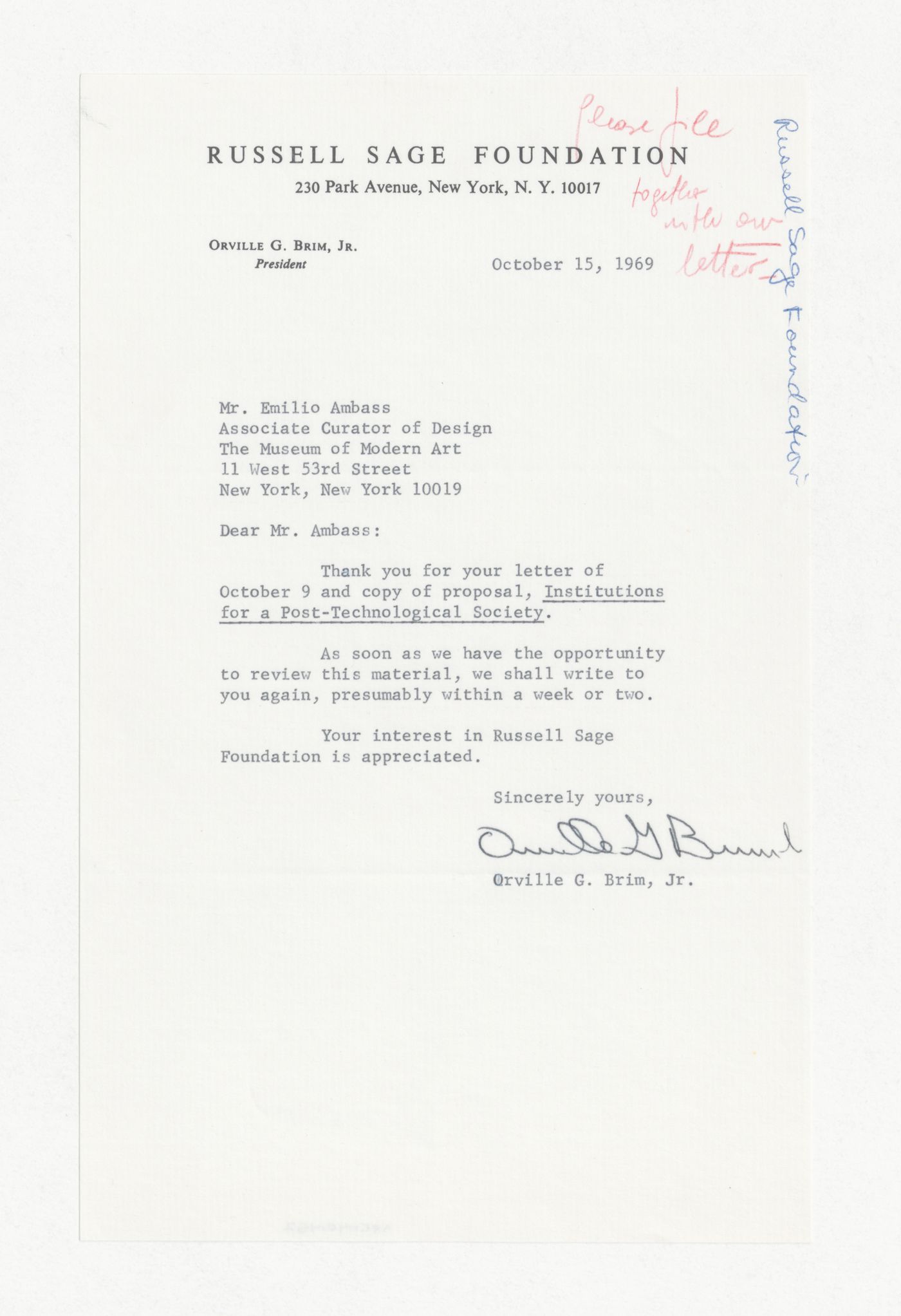 Letter from Orville G. Brin Jr. to Emilio Ambasz responding to proposal for Institutions for a Post-Technological Society conference