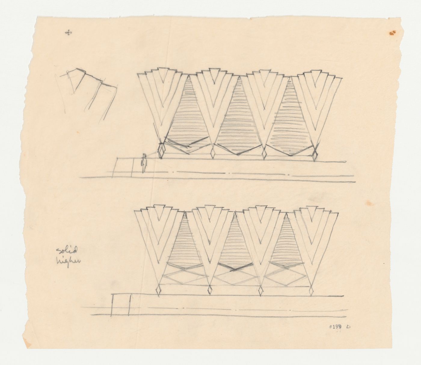 Two alternate sketch elevations for a chapel roof canopy based on the Wayfarers' Chapel design