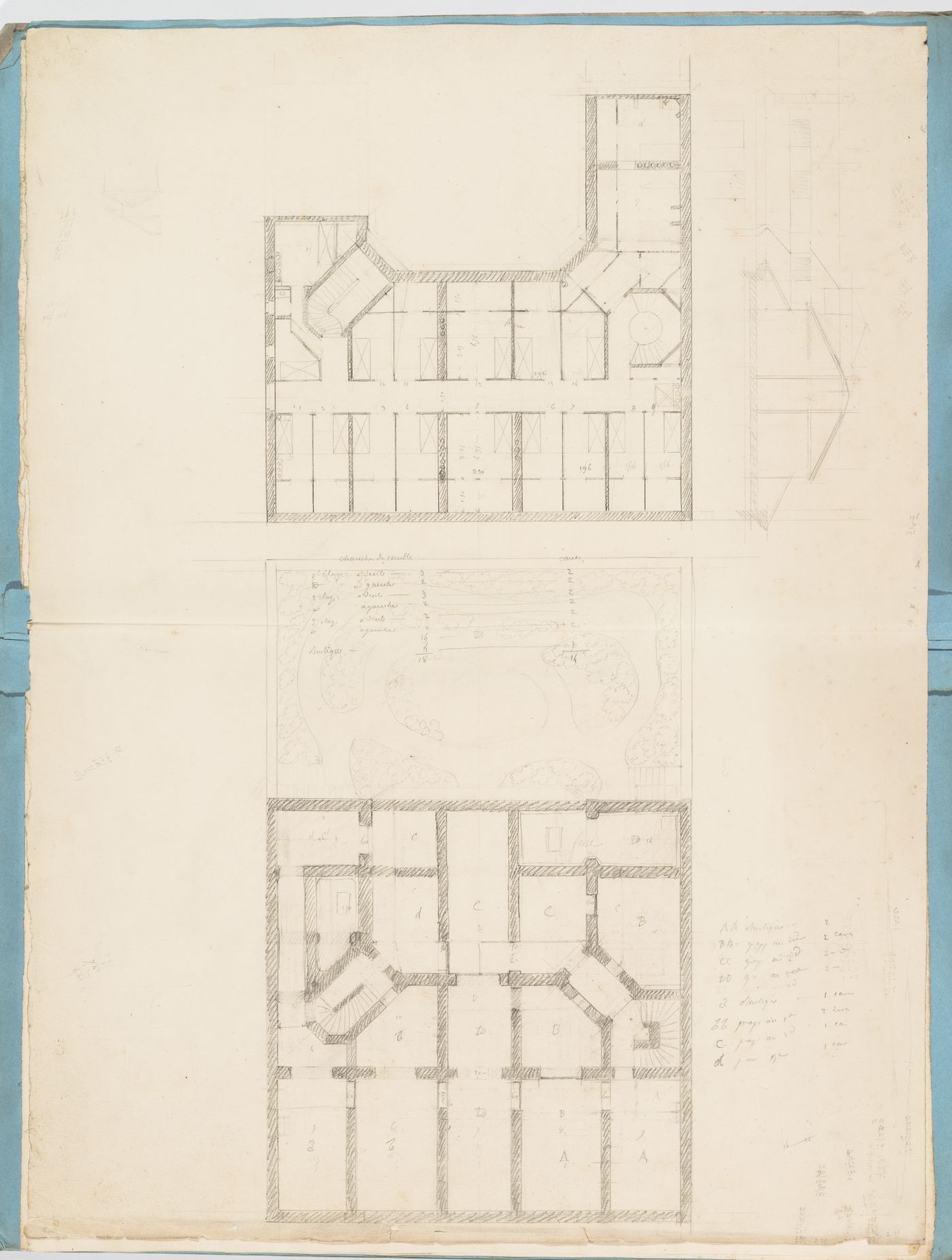 Project for a hôtel for M. Busche: Plans, probably for the "caves" and second floor for a four-storey hôtel with a garden