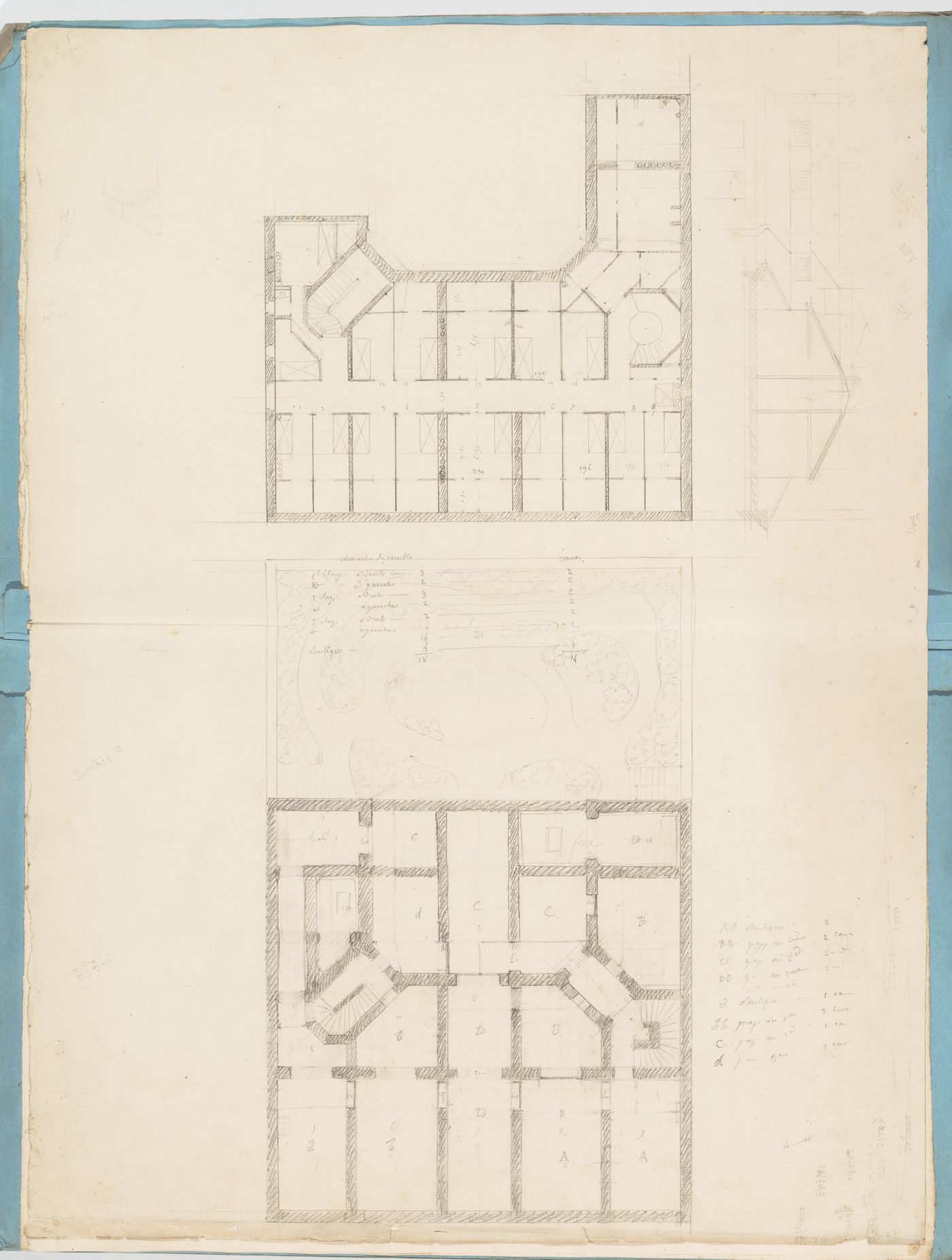 Project for a hôtel for M. Busche: Plans, probably for the "caves" and second floor for a four-storey hôtel with a garden
