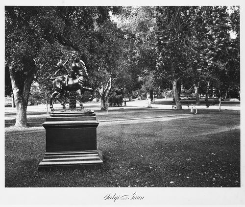 View of the estate grounds with sculpture, Thurlow Lodge, Menlo Park, California