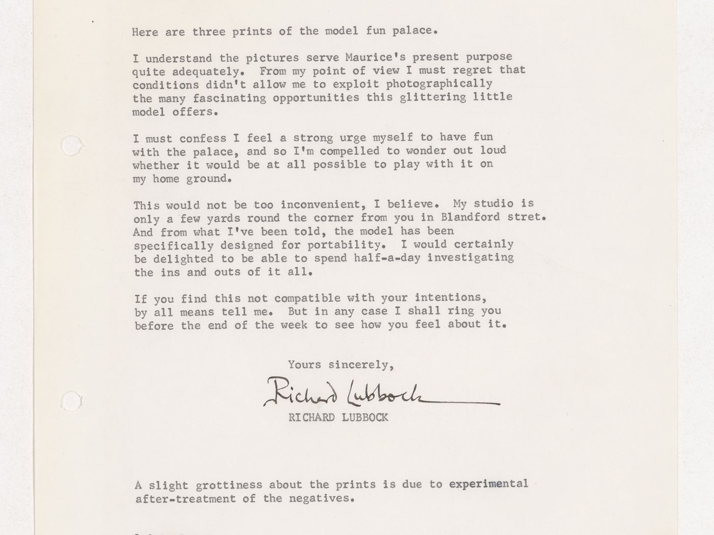 Letter from Richard Lubbock of Colman Lubbock Photographs to Cedric Price regarding photos of the Fun Palace Project