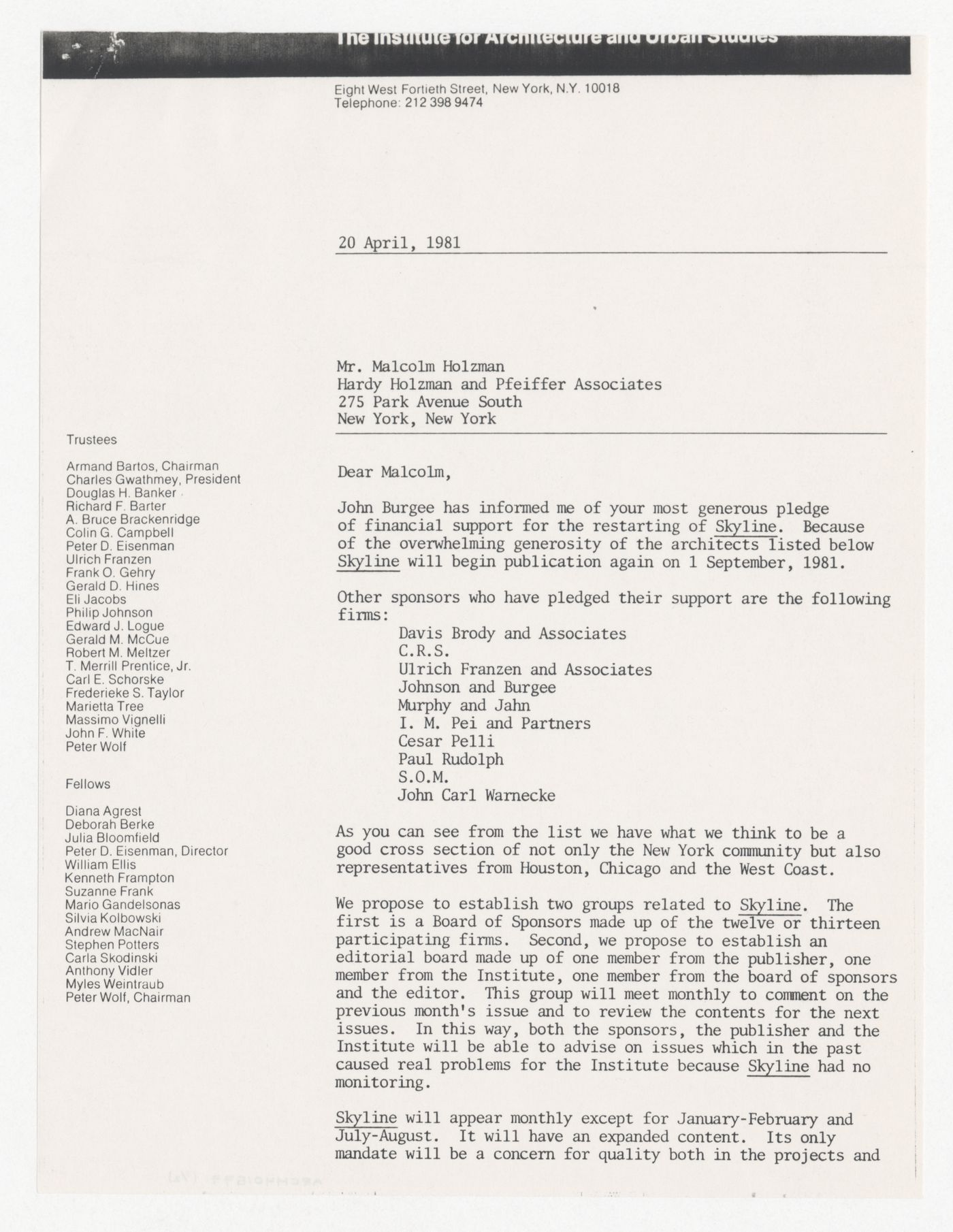 Letter from Peter D. Eisenman to Malcolm Holzman about sponsorship for Skyline