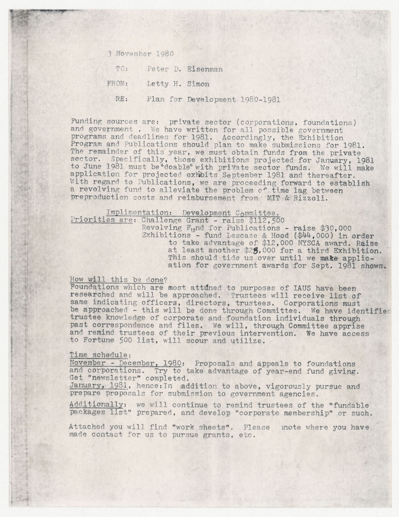 Memorandum from Letty H. Simon to Peter D. Eisenman about plan for development 1980-1981 with annotations by Peter D. Eisenman