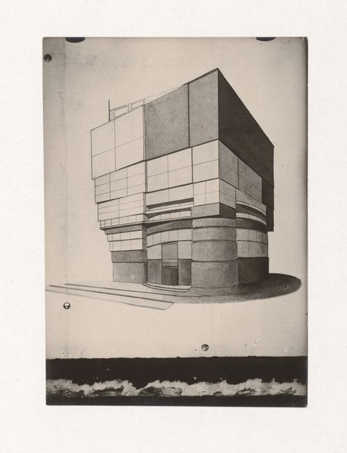 Photograph of a perspective drawing by L. Buranova on the topic "Exercise on Finding Mass and Weight. Exhibition Pavilion" for the "Space" course at the Vkhutein (Moscow Higher Technical Institute), Moscow