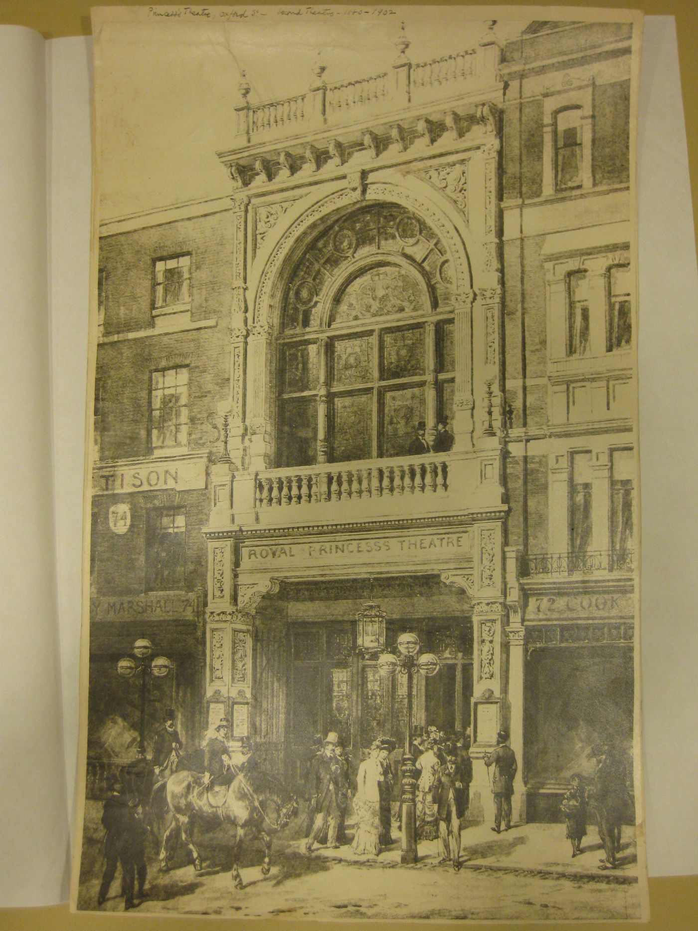 Photograph of an illustration showing the main façade of Princess's Theatre, London, England