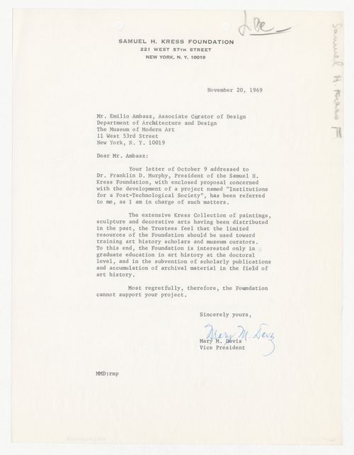 Letter from Mary M. Davis to Emilio Ambasz responding to proposal for Institutions for a Post-Technological Society conference