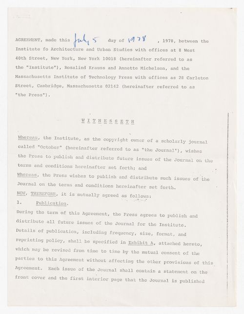 Letter from Frank Urbanowski to Peter D. Eisenman with attached signed agreement between IAUS, MIT Press, and the editors of October