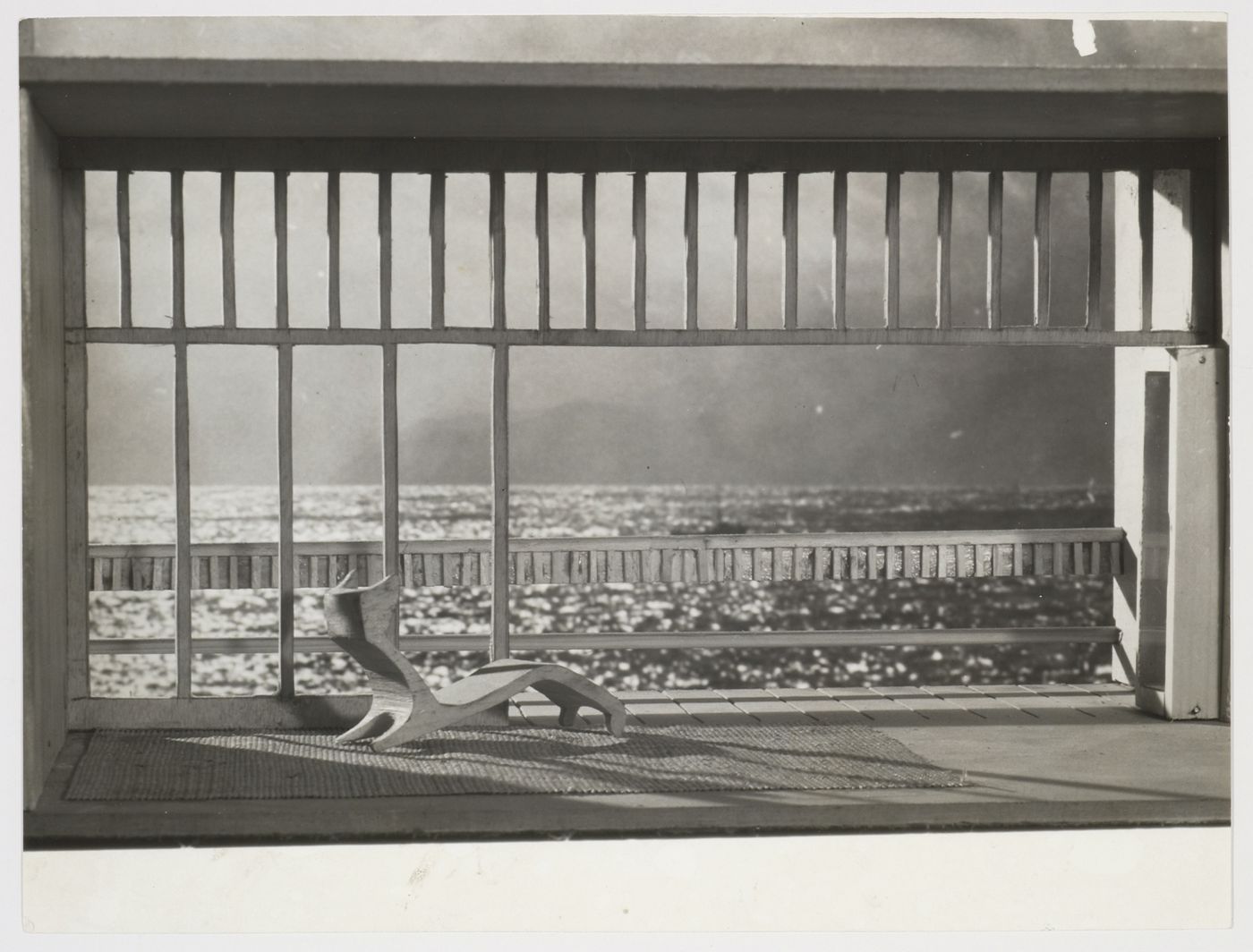 Photograph of a photomontage of a model for an apartment in the Condominio di Sanremo showing a view from the living room onto the terrace facing the sea, San Remo, Italy