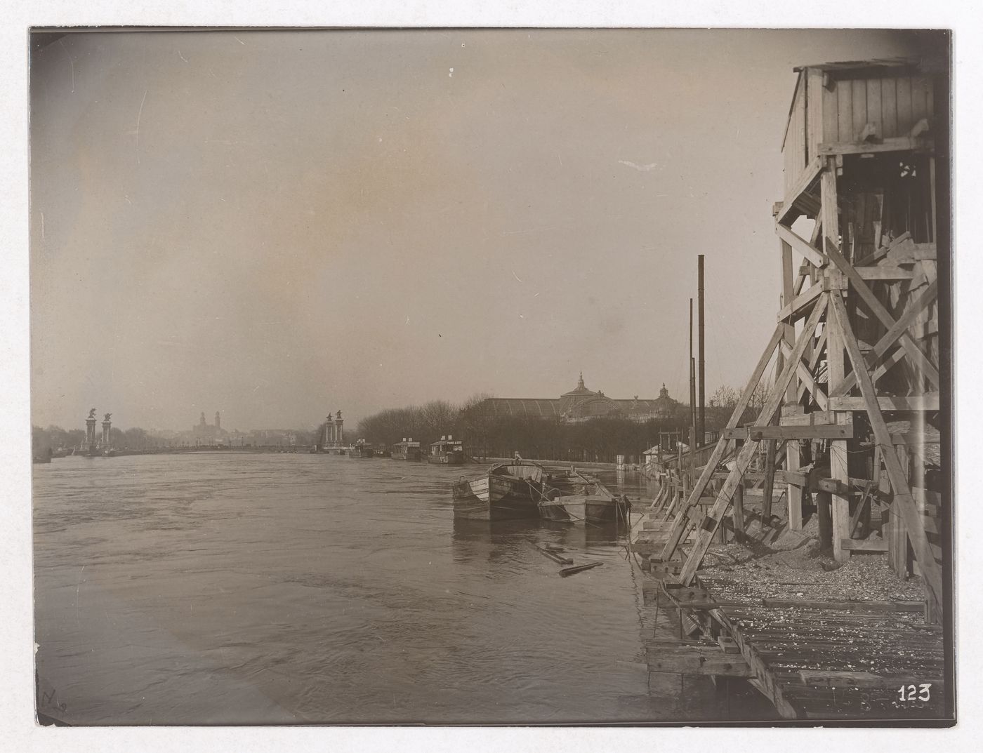 Construction of the Paris Metro, exterior view of the Seine and wooden structures, Paris, France