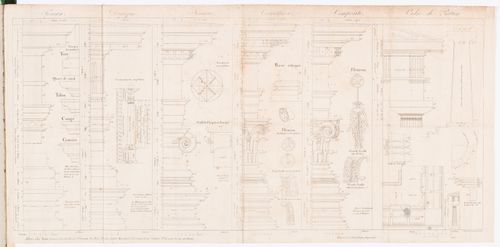 Profiles of six architectural orders: Tuscan, Doric, Ionic, Corinthian, Composite, and Pae[s]tum