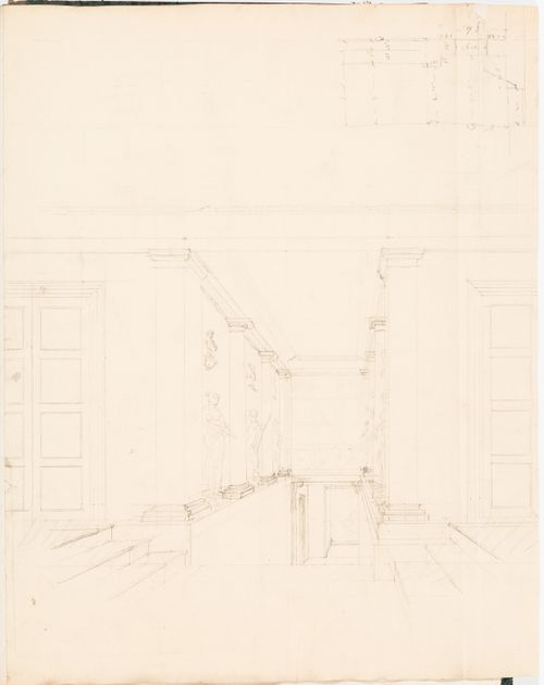 Rohault de Fleury House, 12-14 rue d'Aguesseau, Paris: Interior perspective showing the main staircase from the ground floor with partial plan; verso: Foundation plan for an unidentified building
