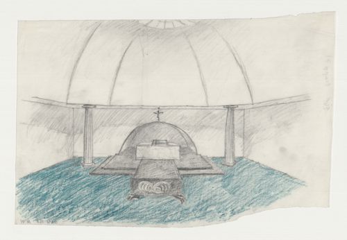 Interior perspective for Woodland Chapel showing the altar and catafalque, Woodland Cemetery, Stockholm, Sweden