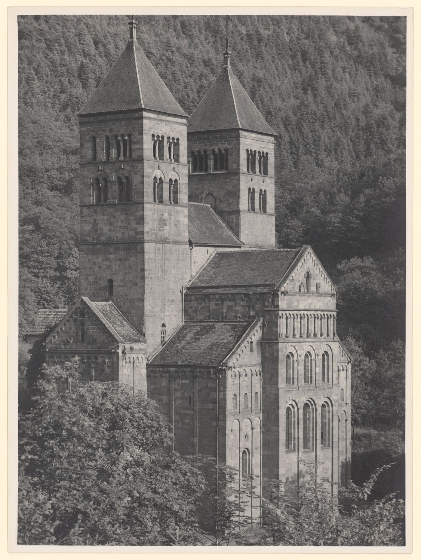 Abbey, view of towers and east front, Murbach, Alsace