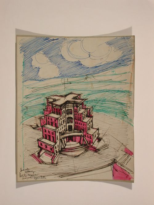 Perspective of a cruciform-plan hotel