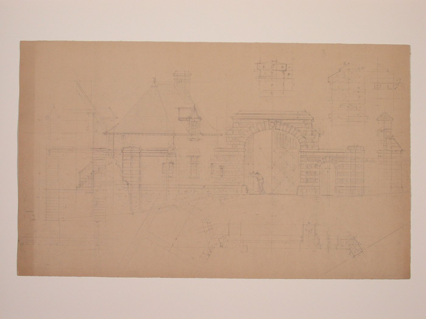 Plan, elevation and details of an arched gate and a house
