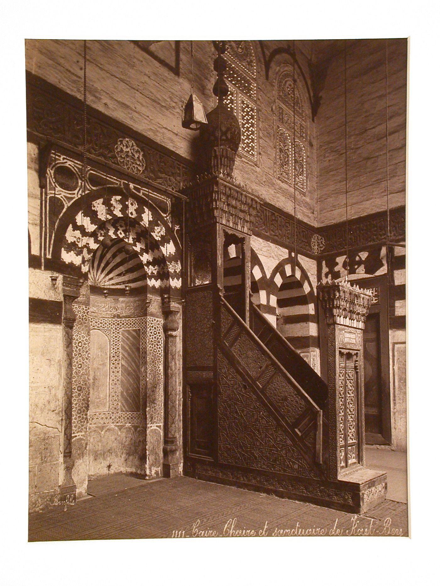 Mosque and mausoleum of Sultan Qa'it Bay, interior of prayer hall with minrah and minbar, Cairo, Egypt