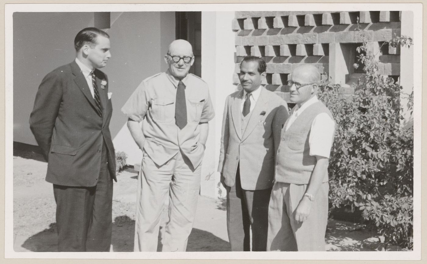 Parkin, Le Corbusier, Pierre Jeanneret and their colleague in India, probably in Chandigarh