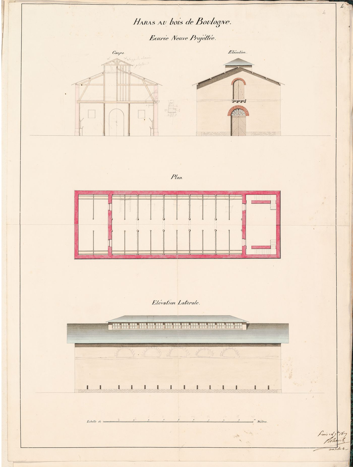 Project for a stud-farm "Haras de Madrid", Bois de Boulogne: Plan, section, and elevations for a stable