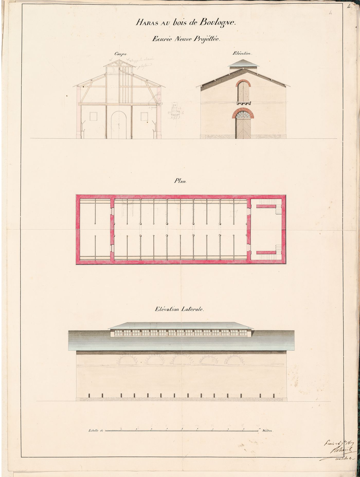 Project for a stud-farm "Haras de Madrid", Bois de Boulogne: Plan, section, and elevations for a stable