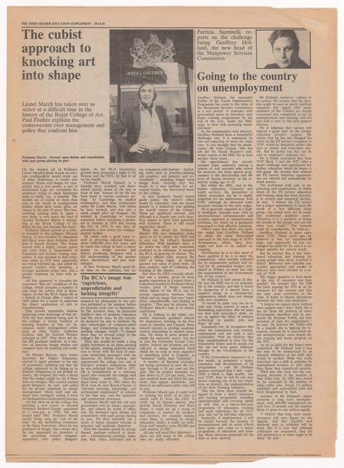 Clipping of article from "The Times" on Lionel March becoming rector of the Royal College of Art in London