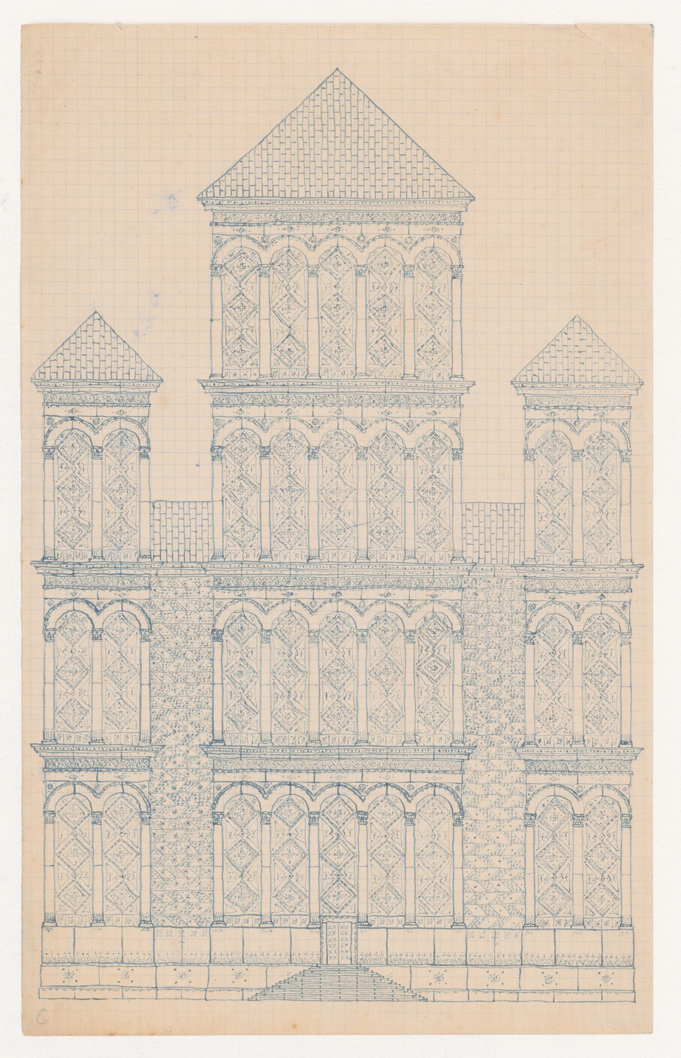 Design for the west façade for a large Romanesque-inspired church