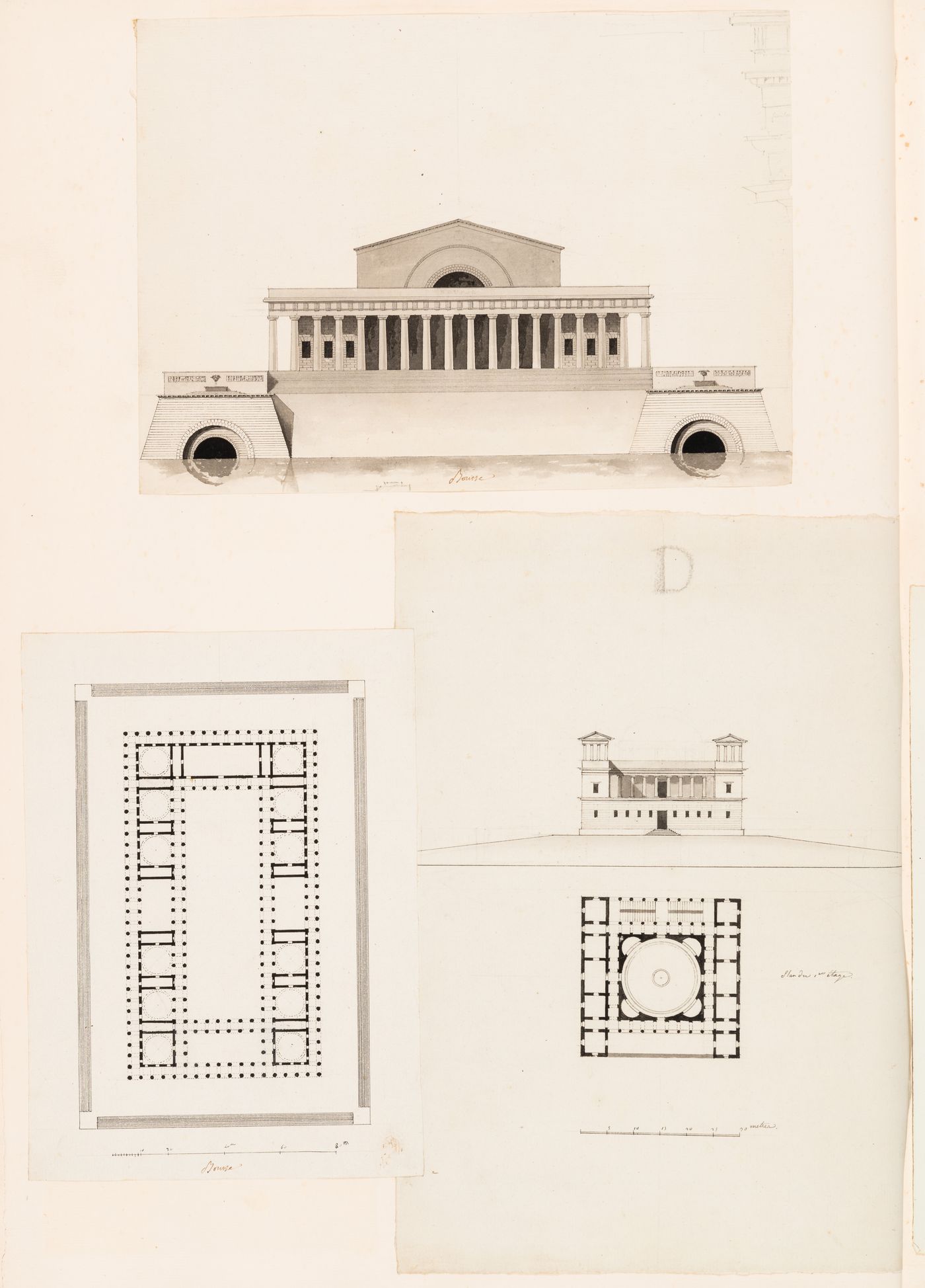 Half plans for a sepulchral chapel; Elevation for grotto stairs and cascades; verso: Elevation and plan for an exchange; Plan and elevation for an unidentified building, possibly an exchange