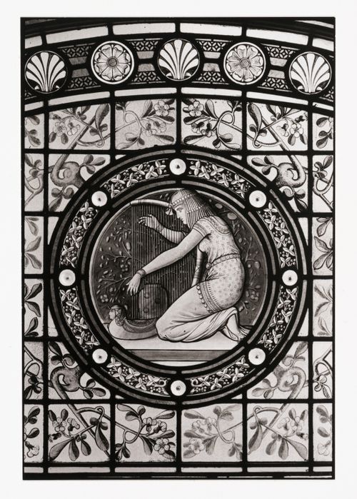 Close-up view of a stained glass window in the west part of Shaughnessy House, Montréal, Québec, Canada