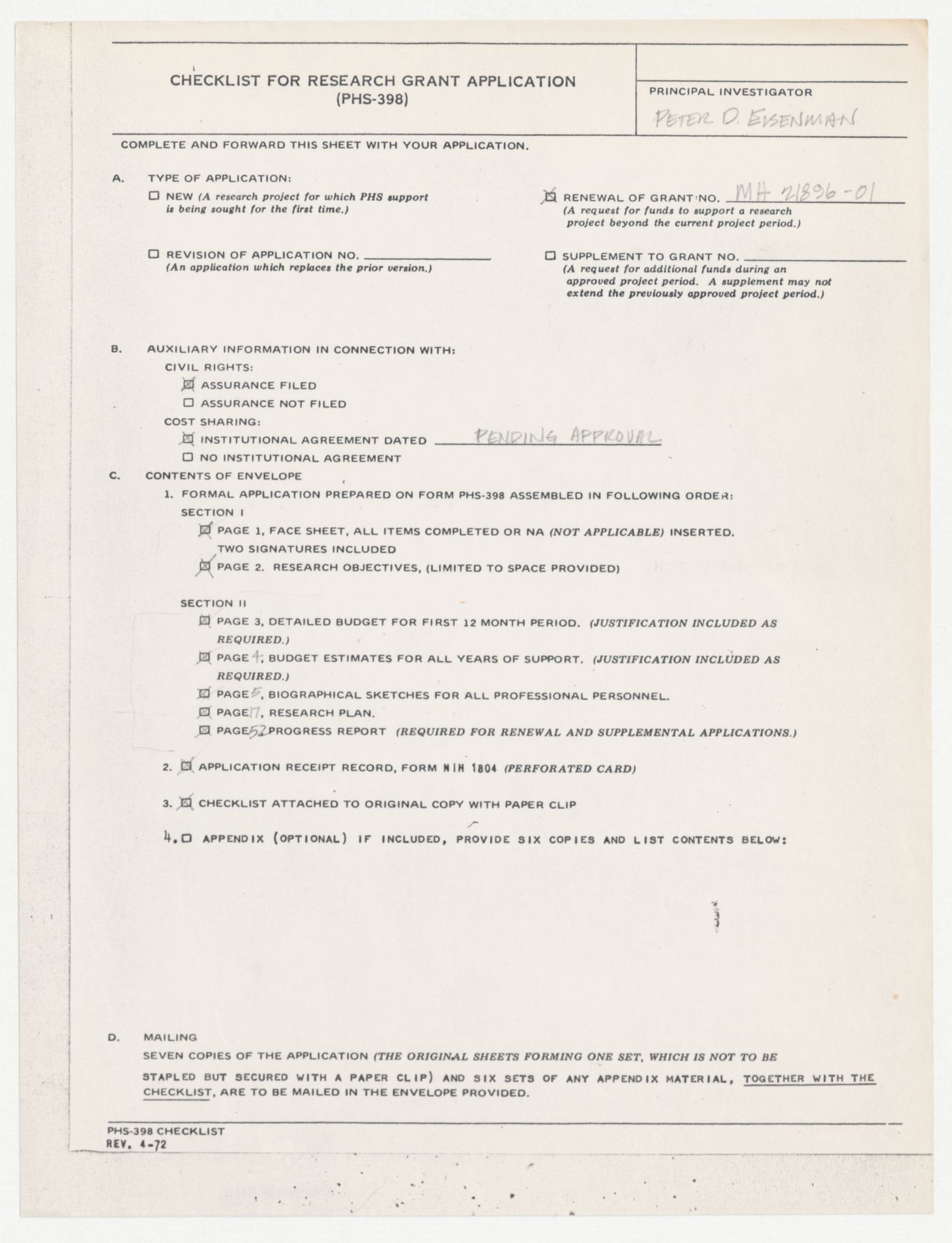 Checklist for application for renewal of research grant from the National Institute of Mental Health (NIMH) / Department of Health, Education, and Welfare completed by Peter D. Eisenman