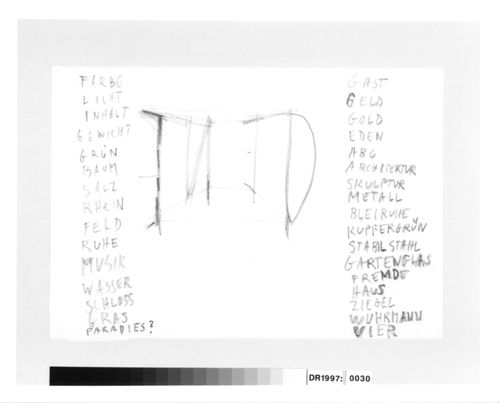 Sketch perspective with words for the E,D,E,N, Pavilion, Rheinfelden, Switzerland