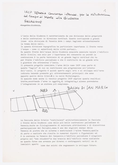 Draft of a text for the report submitted by Aldo Rossi and Gianni Braghieri for the competition for redevelopment of the Campo di Marte area, La Giudecca, Venice, Italy