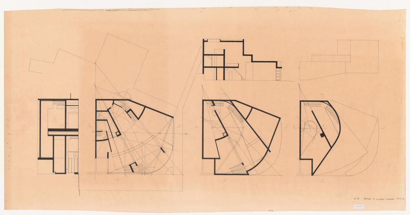 Plans and elevations for Banco Pinto & Sotto Mayor [Pinto & Sotto Mayor bank], Oliveira de Azeméis, Portugal