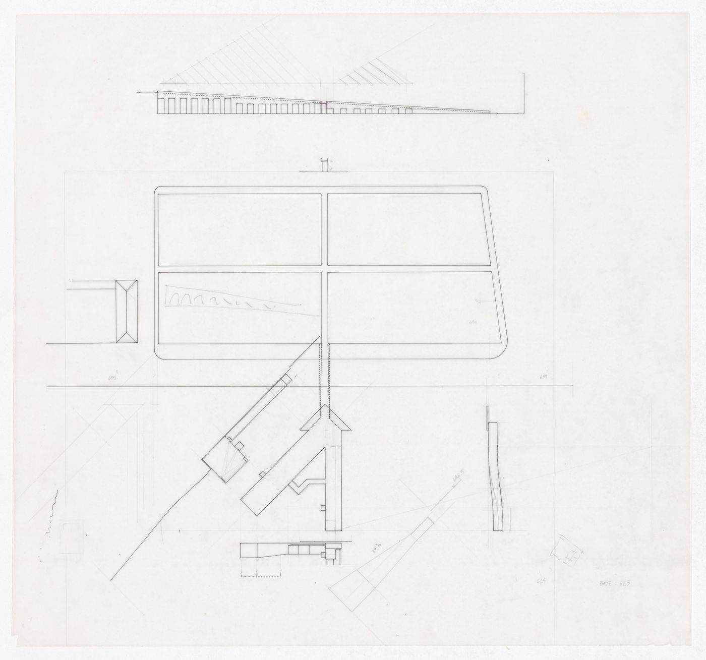 Site plan, elevation, and section for Exposição Visiones para Madrid, Madrid, Spain
