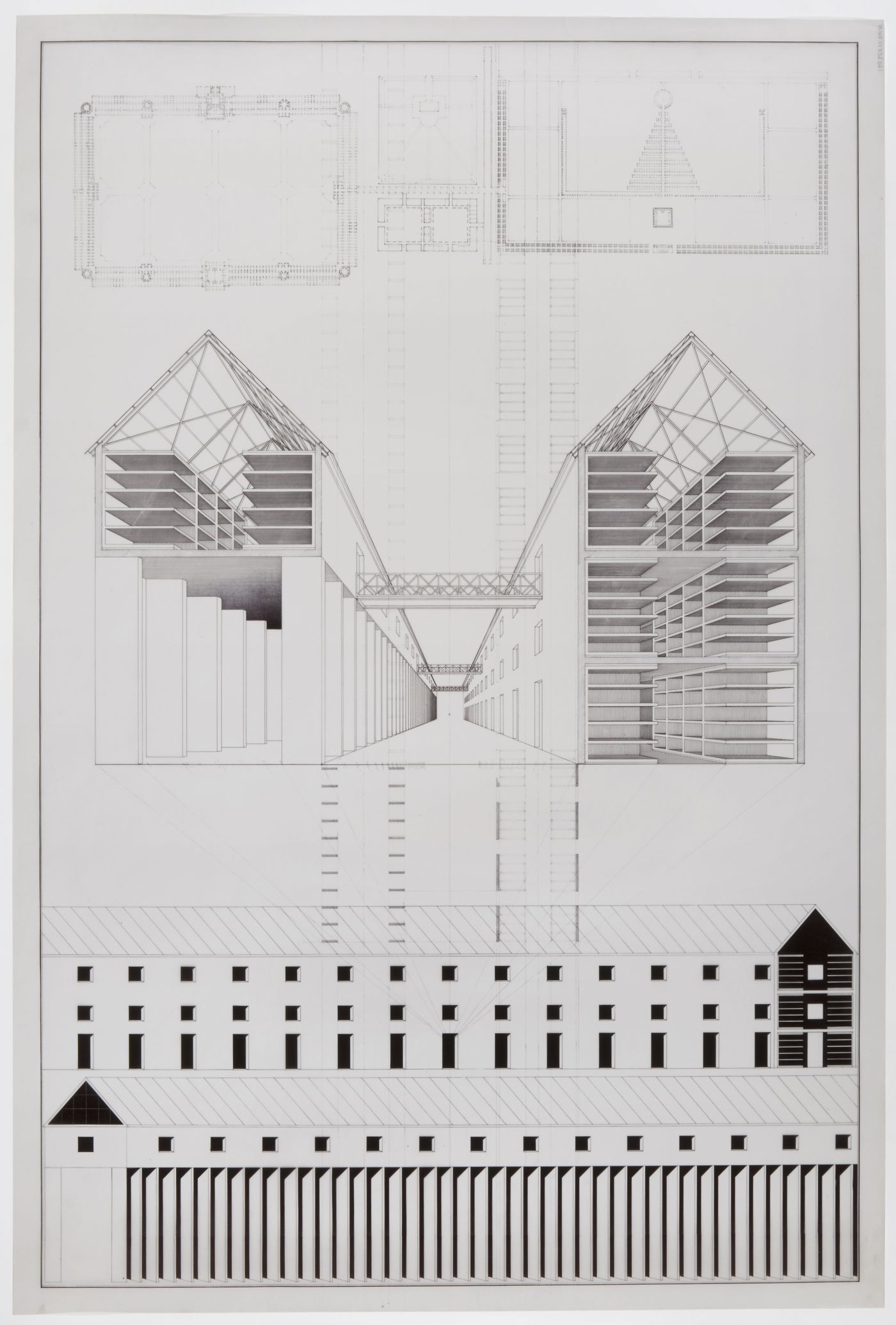 Cimitero di San Cataldo, Modena, Italy: plans, sectional perspective and elevations