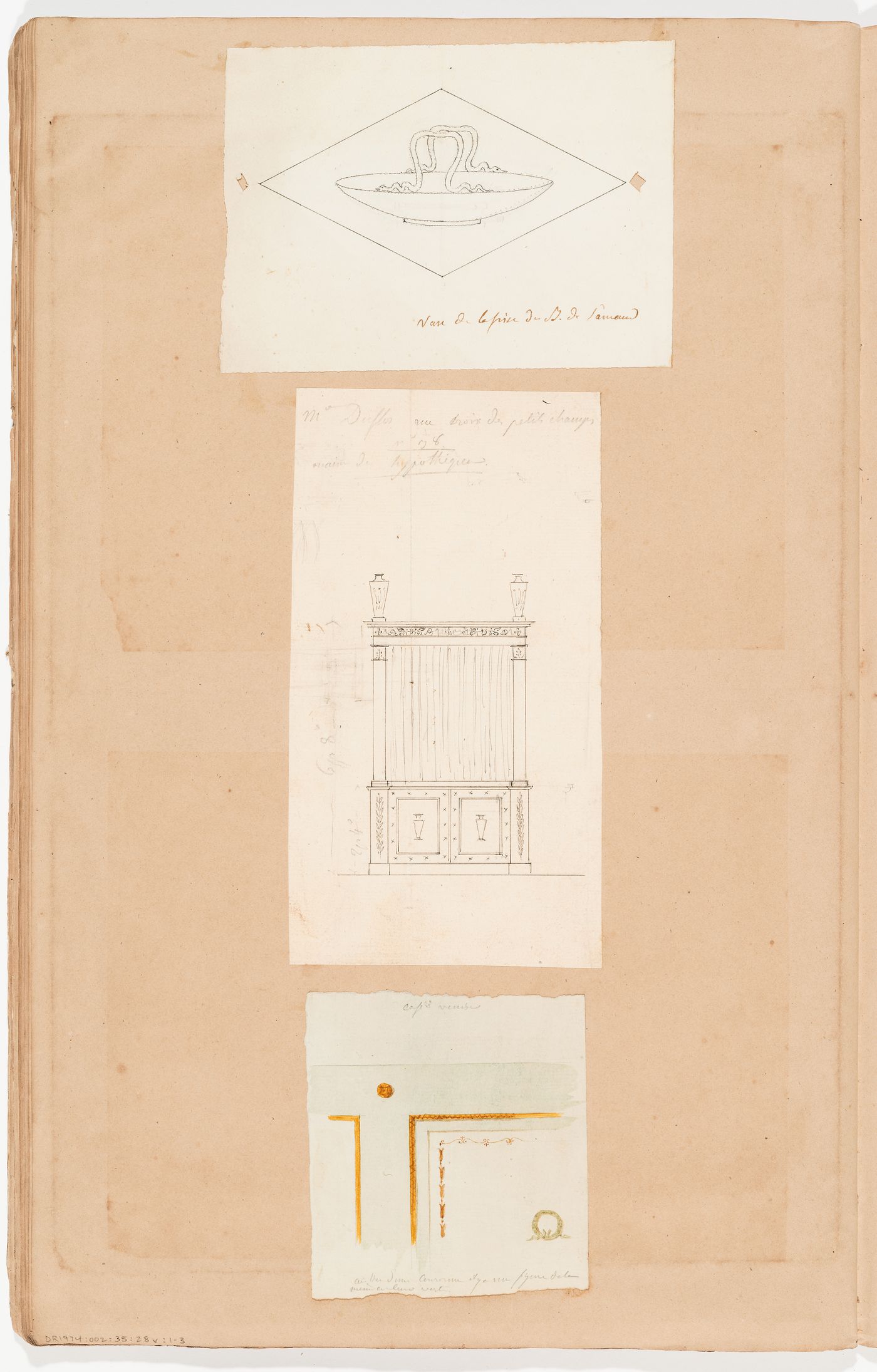 Plans for an unidentified house; verso: Drawing for an ornament detail or trophy, elevation, probably for a cabinet, and detail for the decoration of an interior wall