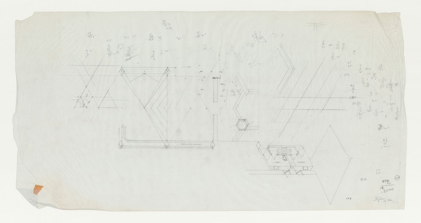 Wayfarers' Chapel, Palos Verdes, California: Partial roof plan for chapel and plan for men's and women's toilets next to the campanile