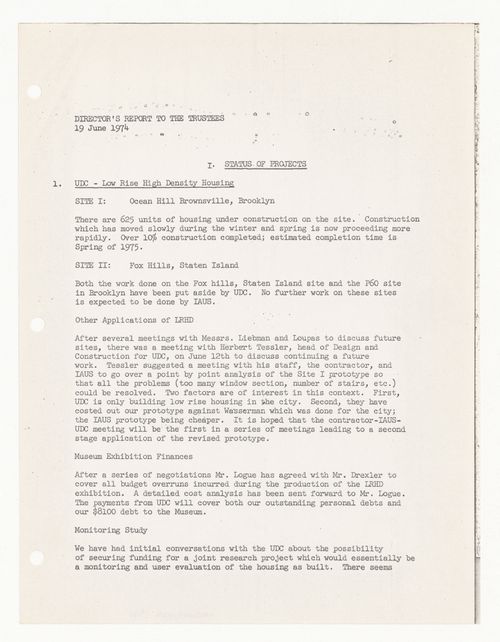 Director's report to the Trustees with annotations by Peter D. Eisenman