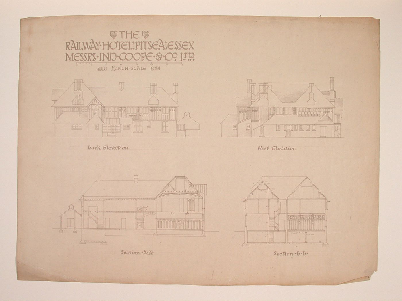 Back and west elevations and sections on AA and BB for the Railway Hotel, Pitsea