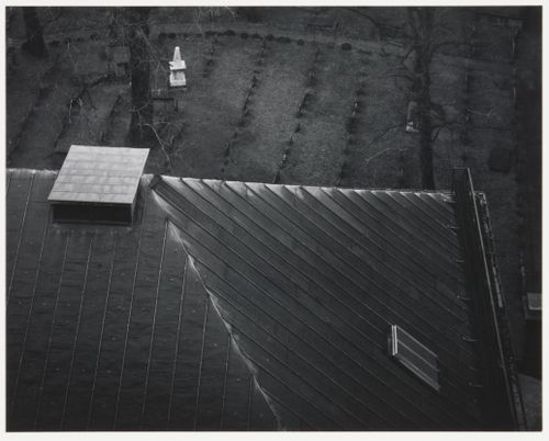 View of King's Chapel burying ground with chapel roof in foreground, Old City Hall, Boston, Massachusetts, United States