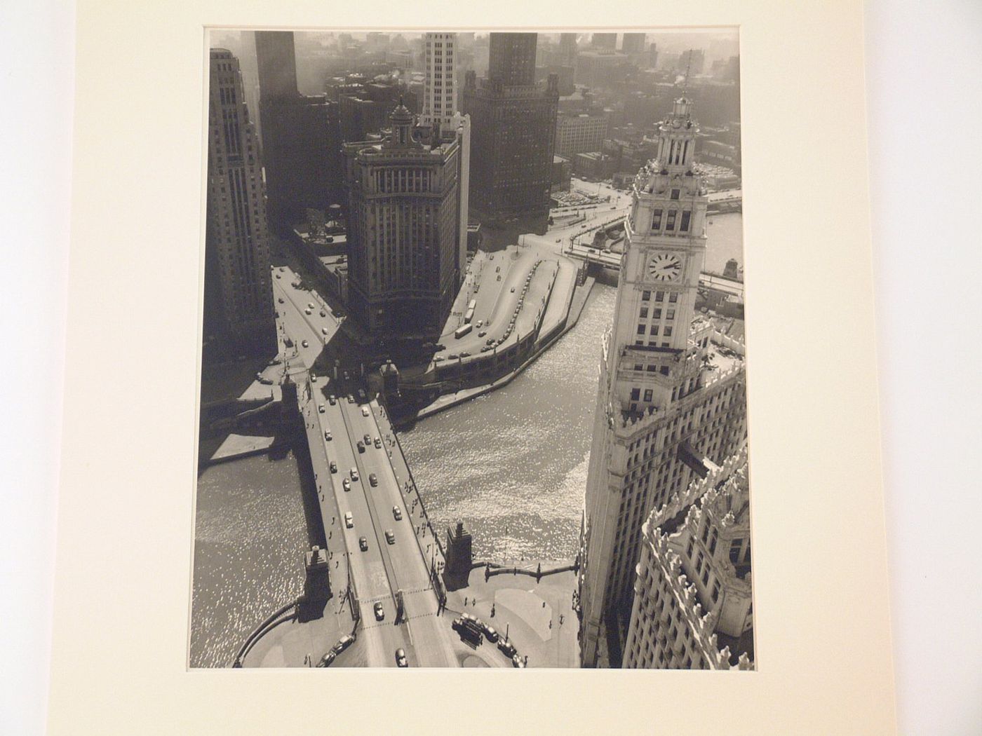Looking down on buildings and bridges across river, Chicago, Illinois