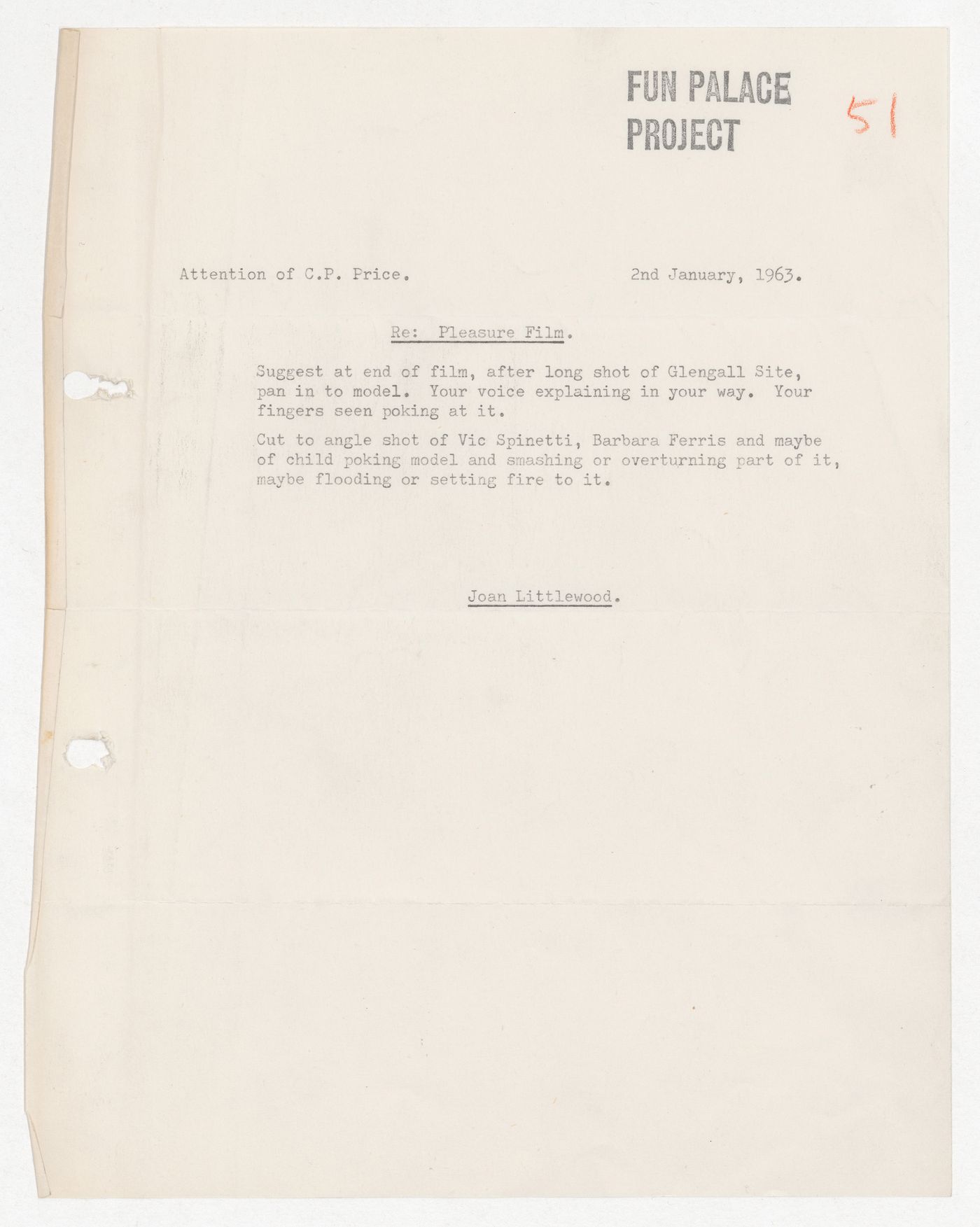 Letter from Joan Littlewood to Cedric Price regarding the Pleasure film