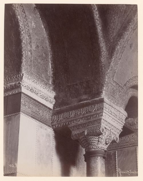 Close-up view of a column capital and vaults, Hagia Sophia (also now known as Ayasofya Müzesi), Constantinople (now Istanbul), Ottoman Empire (now in Turkey)