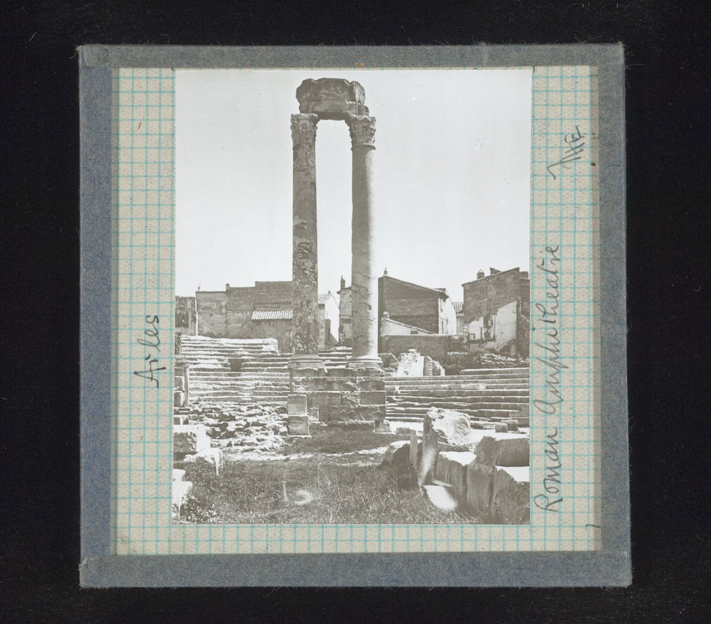 View of two columns of Roman amphitheater, Arles, France